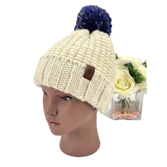 North Face Tufted Beanie Chunky Knit Cap One Size Fitted Pom Pom Oatmeal Purple - Picture 1 of 6
